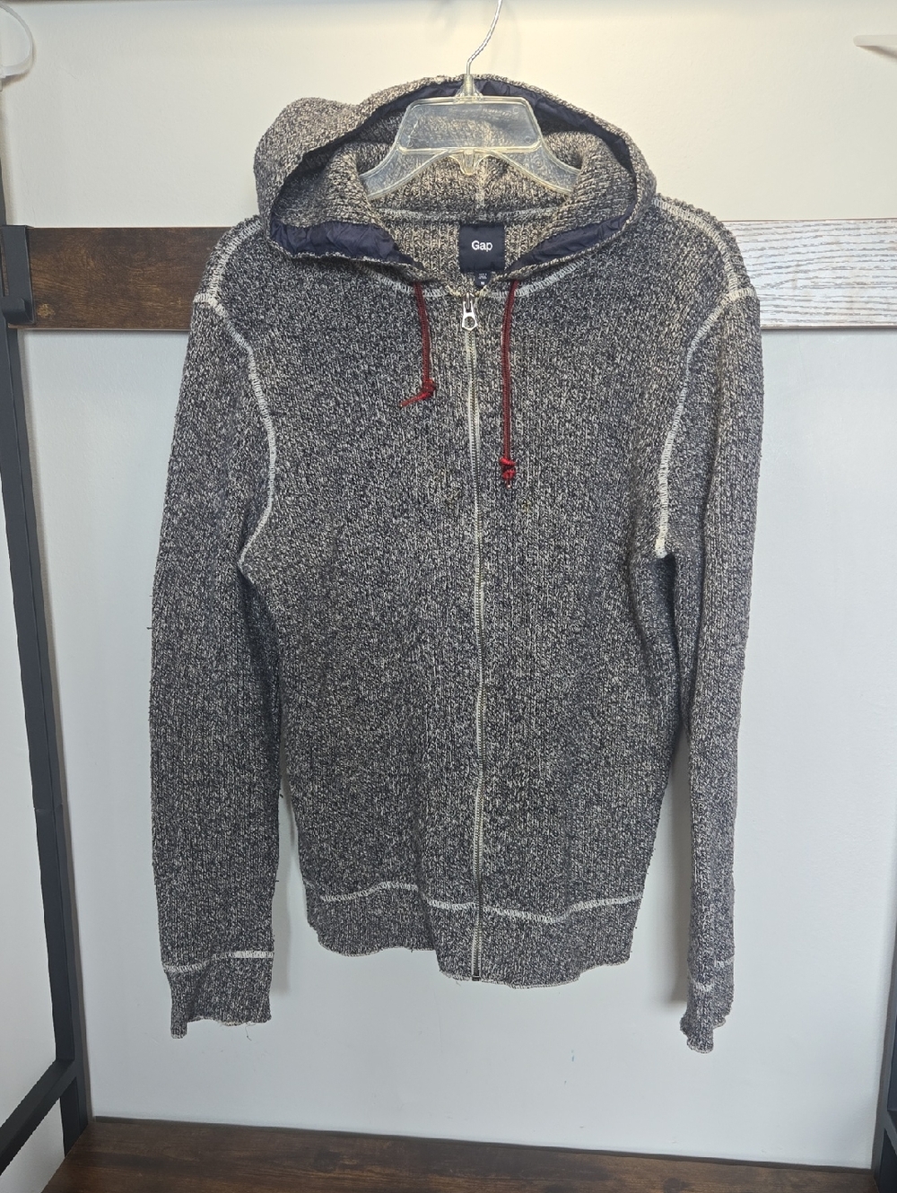 GAP Men's Charcoal Heather Zip Hoodie with Red Drawstrings
